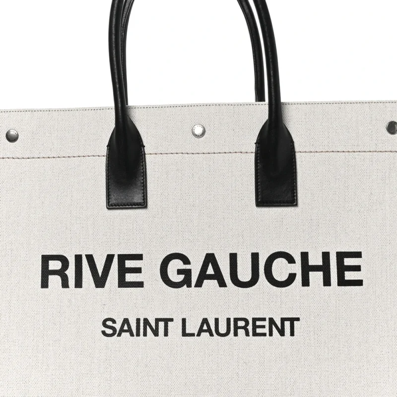 SAINT LAURENT LARGE RIVE GAUCHE TOTE OPTIC WHITE LINEN & CALFSKIN LEATHER - Image 8