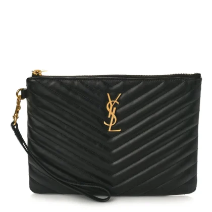 SAINT LAURENT MEDIUM A5 WRISTLET BLACK CHEVRON MONOGRAM CALFSKIN MATELASSE LEATHER GOLD HARDWARE