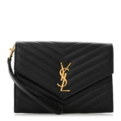 SAINT LAURENT MEDIUM ENVELOPE CLUTCH BLACK CHEVRON MONOGRAM GRAIN DE POUDRE MATELASSE LEATHER GOLD HARDWARE