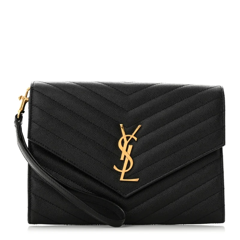 SAINT LAURENT MEDIUM ENVELOPE CLUTCH BLACK CHEVRON MONOGRAM GRAIN DE POUDRE MATELASSE LEATHER GOLD HARDWARE