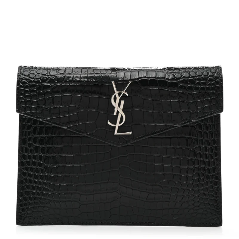 SAINT LAURENT SMALL UPTOWN POUCH BLACK EMBOSSED MONOGRAM CALFSKIN & CROCODILE LEATHER SILVER HARDWARE