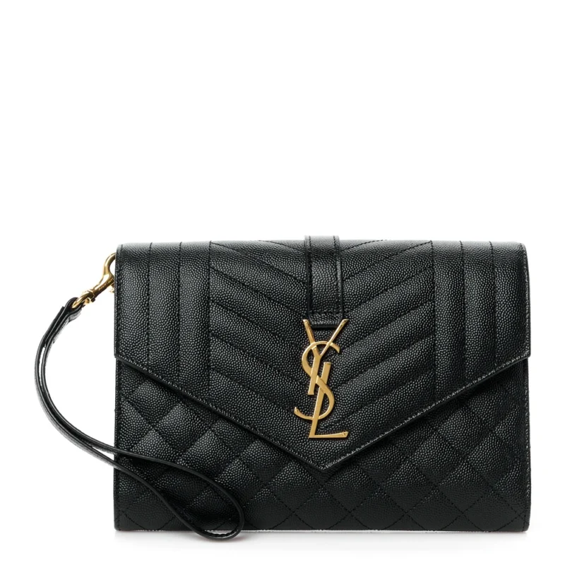SAINT LAURENT MEDIUM CLUTCH BLACK TRIQUILT MONOGRAM GRAIN DE POUDRE TEXTURED MIXED MATELASSE LEATHER GOLD HARDWARE