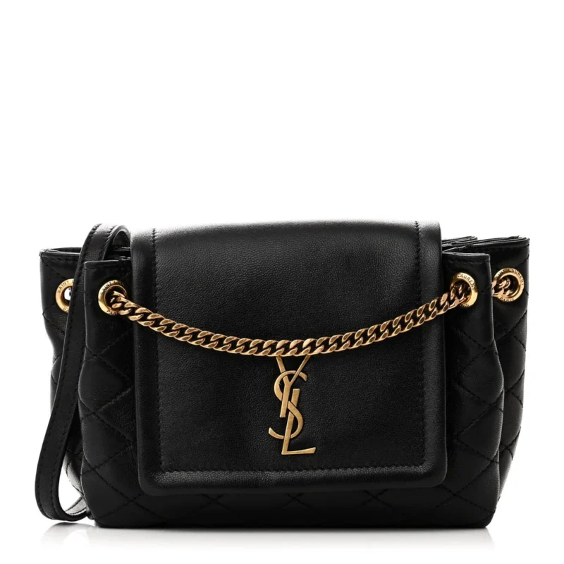 SAINT LAURENT MINI NOLITA BLACK QUILTED MONOGRAM LAMBSKIN LEATHER AGED GOLD HARDWARE