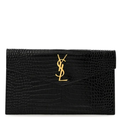 SAINT LAURENT MEDIUM UPTOWN CLUTCH BLACK EMBOSSED MONOGRAM CALFSKIN & CROCODILE LEATHER GOLD HARDWARE