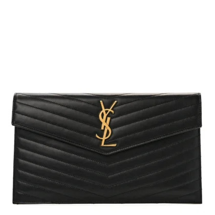 SAINT LAURENT MEDIUM UPTOWN CLUTCH BLACK CHEVRON MONOGRAM CALFSKIN MATELASSE LEATHER GOLD HARDWARE