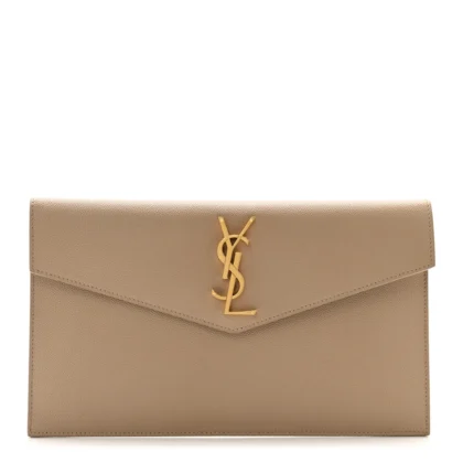 SAINT LAURENT MEDIUM UPTOWN POUCH DARK BEIGE GRAIN DE POUDRE LEATHER GOLD HARDWARE