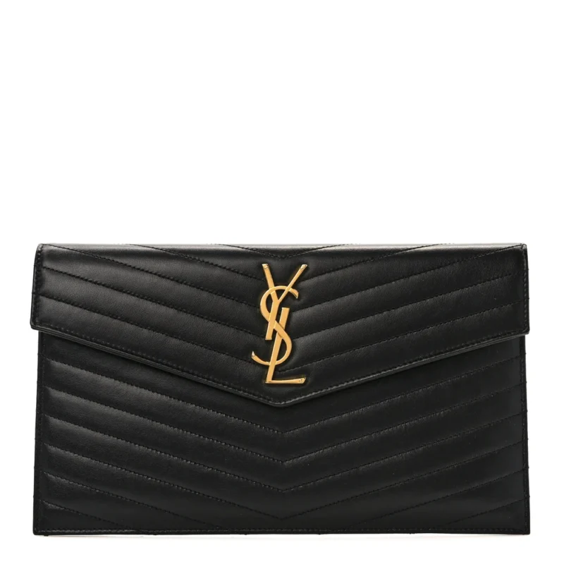 SAINT LAURENT MEDIUM UPTOWN CLUTCH BLACK CHEVRON MONOGRAM CALFSKIN MATELASSE LEATHER GOLD HARDWARE