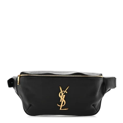 SAINT LAURENT SMALL BELT BAG BLACK MONOGRAM GRAIN DE POUDRE LEATHER GOLD HARDWARE