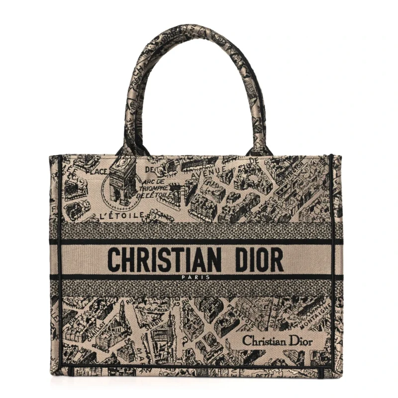 DIOR MEDIUM PLAN DE PARIS BOOK TOTE BEIGE/BLACK EMBROIDERED CANVAS