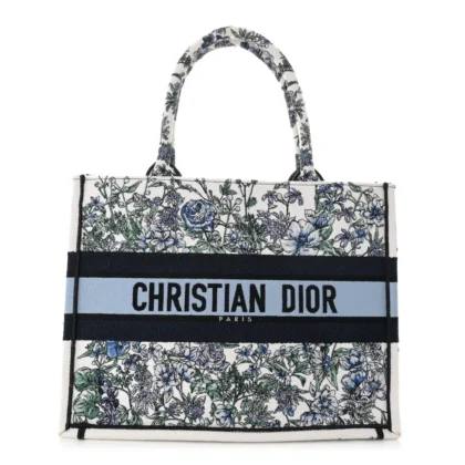 DIOR MEDIUM FLOWERS BOOK TOTE BLUE MULTICOLOR EMBROIDERED CANVAS