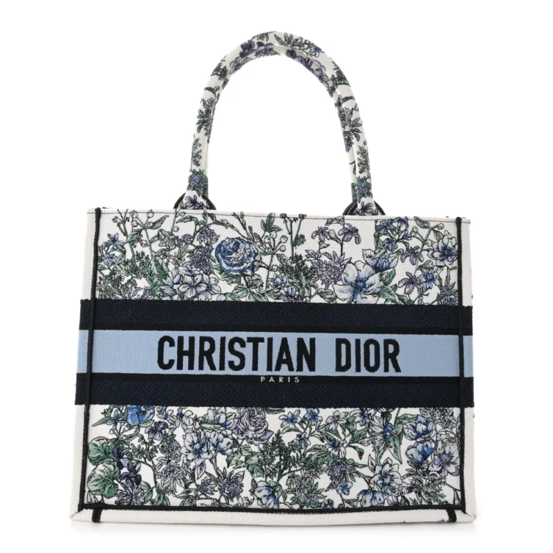 DIOR MEDIUM FLOWERS BOOK TOTE BLUE MULTICOLOR EMBROIDERED CANVAS