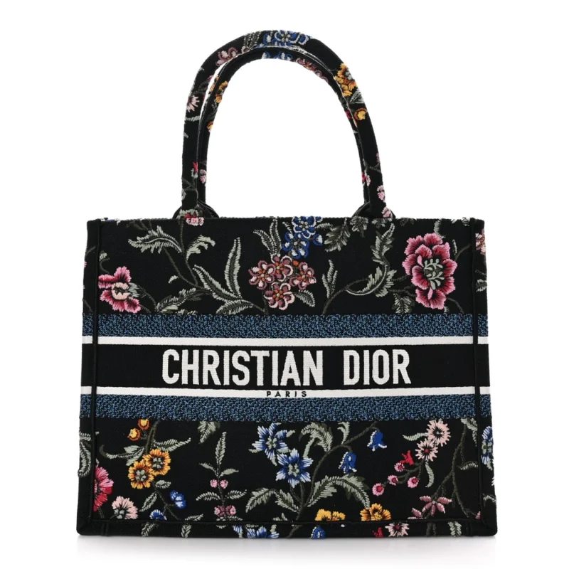 DIOR MEDIUM BOOK TOTE NAVY BLUE MULTICOLOR PETITES FLEURS RAFFIA EMBROIDERED CANVAS