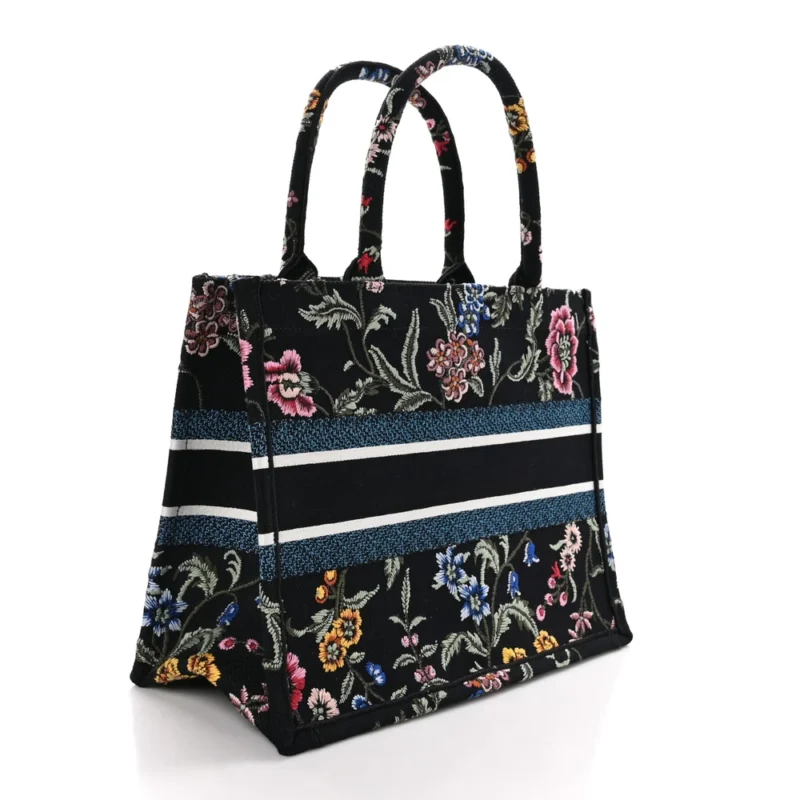 DIOR MEDIUM BOOK TOTE NAVY BLUE MULTICOLOR PETITES FLEURS RAFFIA EMBROIDERED CANVAS - Image 3