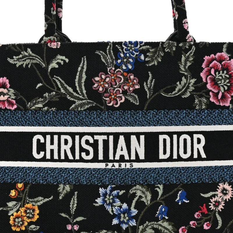 DIOR MEDIUM BOOK TOTE NAVY BLUE MULTICOLOR PETITES FLEURS RAFFIA EMBROIDERED CANVAS - Image 8