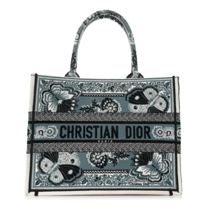 DIOR MEDIUM BUTTERFLY BANDANA BOOK TOTE BLACK/WHITE EMBROIDERED CANVAS