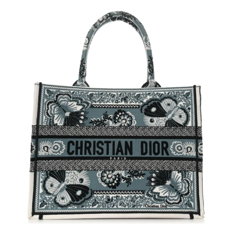 DIOR MEDIUM BUTTERFLY BANDANA BOOK TOTE BLACK/WHITE EMBROIDERED CANVAS