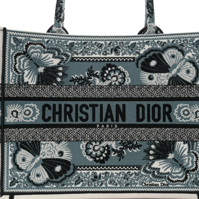 DIOR MEDIUM BUTTERFLY BANDANA BOOK TOTE BLACK/WHITE EMBROIDERED CANVAS - Image 8