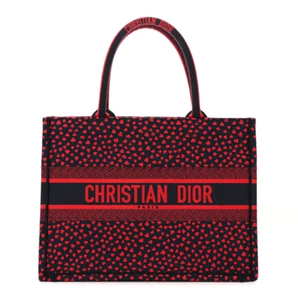DIOR MEDIUM BOOK TOTE RED MULTICOLOR POP HEART I LOVE PARIS EMBROIDERED CANVAS