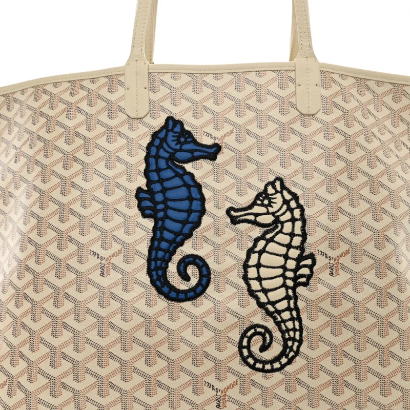 GOYARD EMBROIDERED SEAHORSE REVERSIBLE ANJOU TOTE PM SAND GOYARDINE CANVAS - Image 8