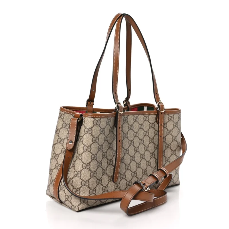 GUCCI SMALL EMBLEM TOTE BEIGE / DARK BROWN GG SUPREME MONOGRAM COATED CANVAS & LEATHER SILVER HARDWARE - Image 3