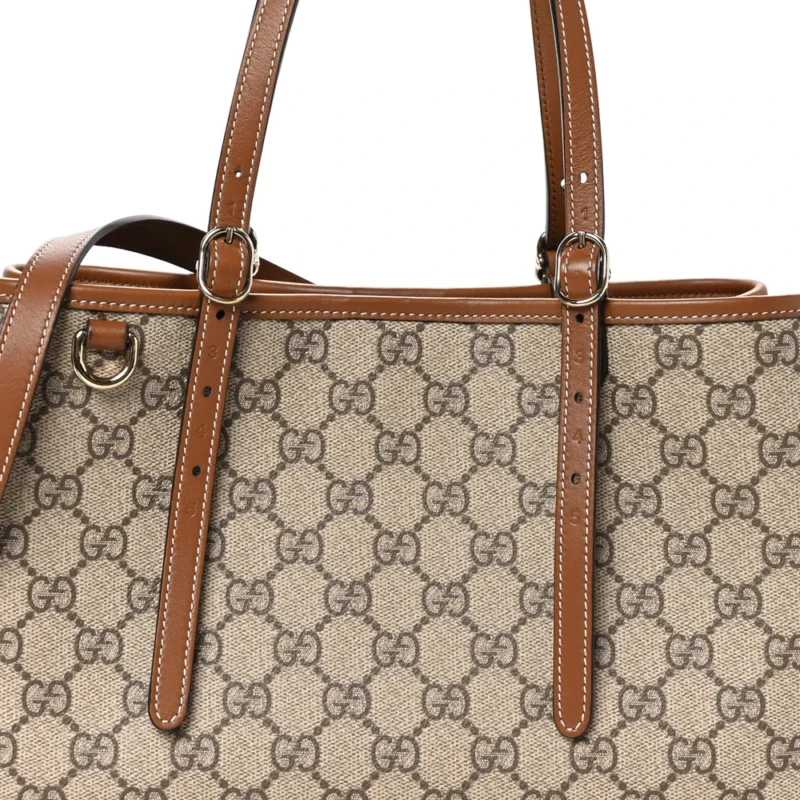 GUCCI SMALL EMBLEM TOTE BEIGE / DARK BROWN GG SUPREME MONOGRAM COATED CANVAS & LEATHER SILVER HARDWARE - Image 8