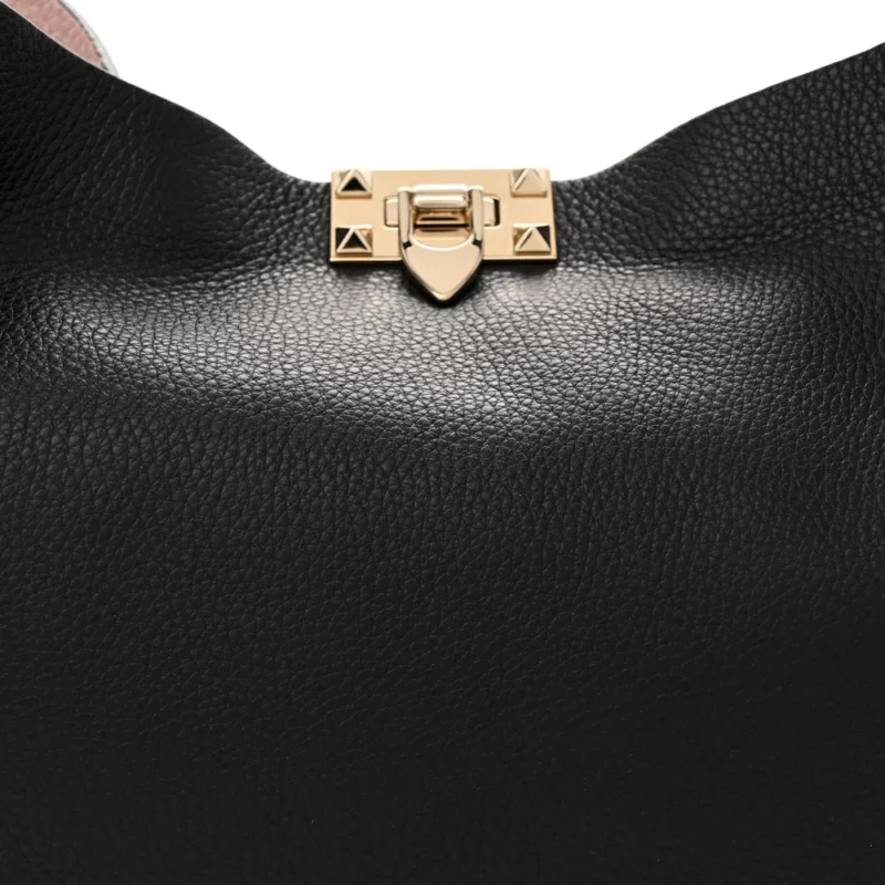 VALENTINO GARAVANI MEDIUM ROCKSTUD TOTE BLACK/ROSE QUARTZ GRAINY CALFSKIN LEATHER GOLD HARDWARE - Image 8