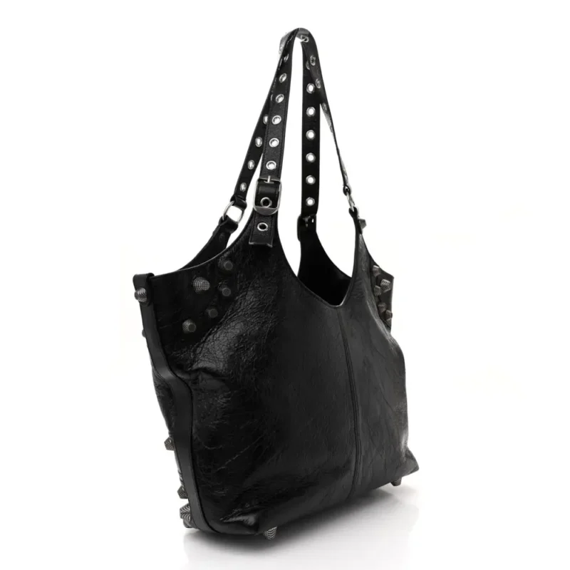 BALENCIAGA MEDIUM LE CAGOLE CARRY ALL BAG BLACK AGNEAU ARENA LEATHER SILVER HARDWARE - Image 3