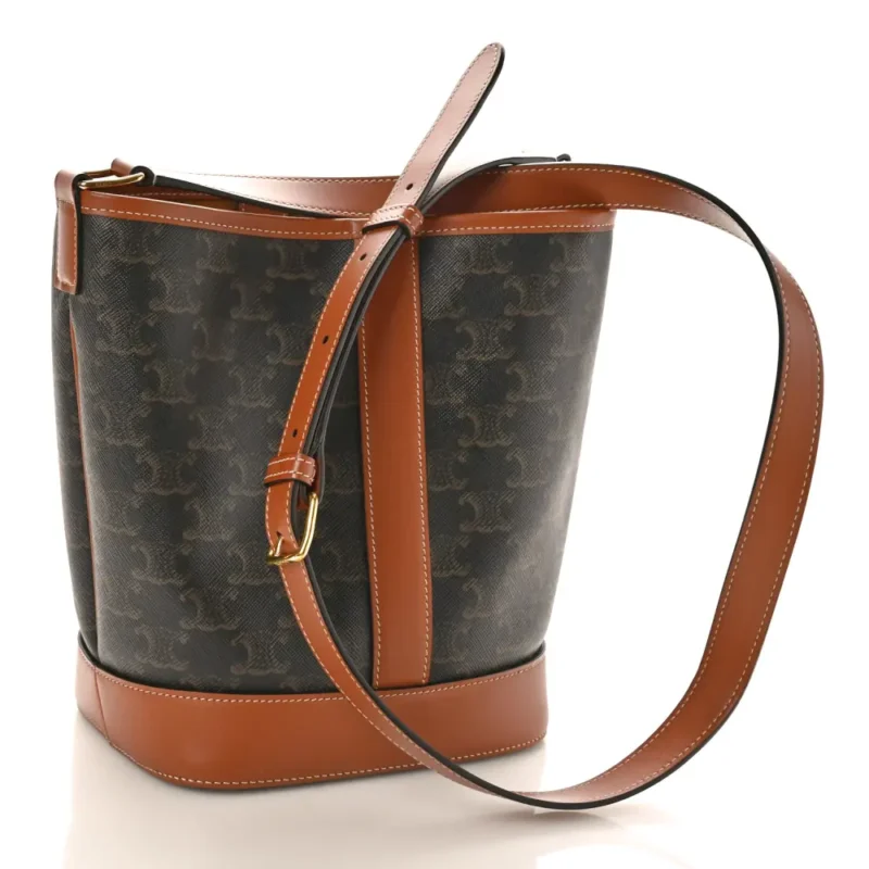 CELINE SMALL BUCKET BAG TAN TRIOMPHE CANVAS & CALFSKIN LEATHER GOLD HARDWARE - Image 2