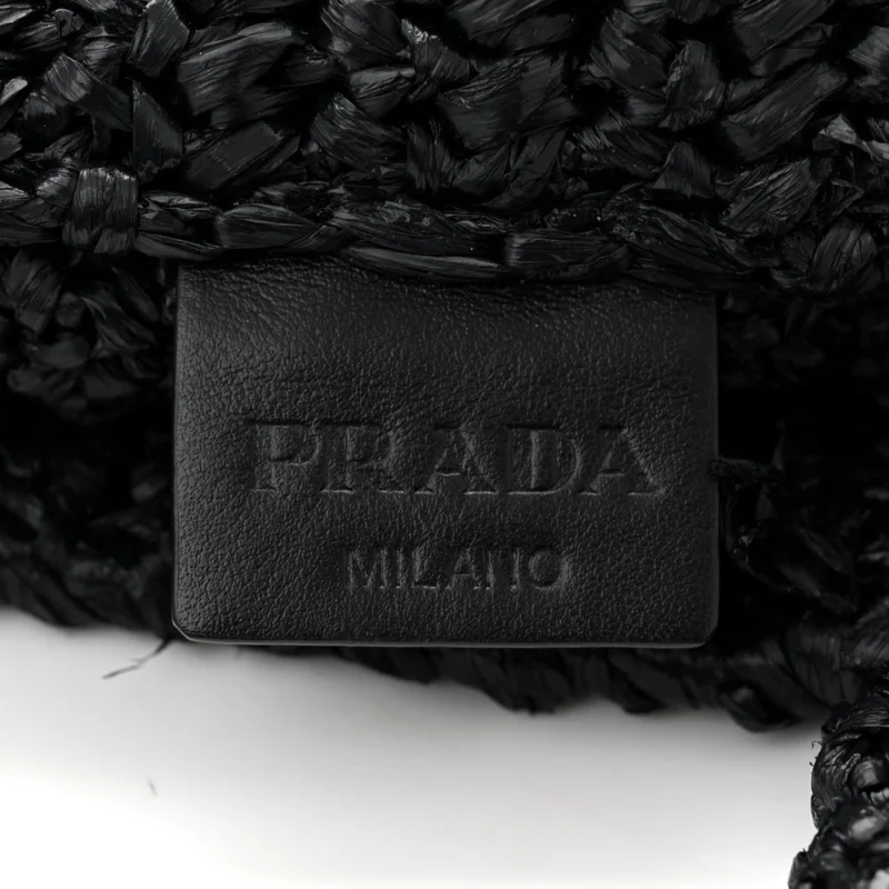 PRADA LARGE EFFECT CROCHET LOGO TOTE BAG BLACK YARN RAFFIA - Image 2