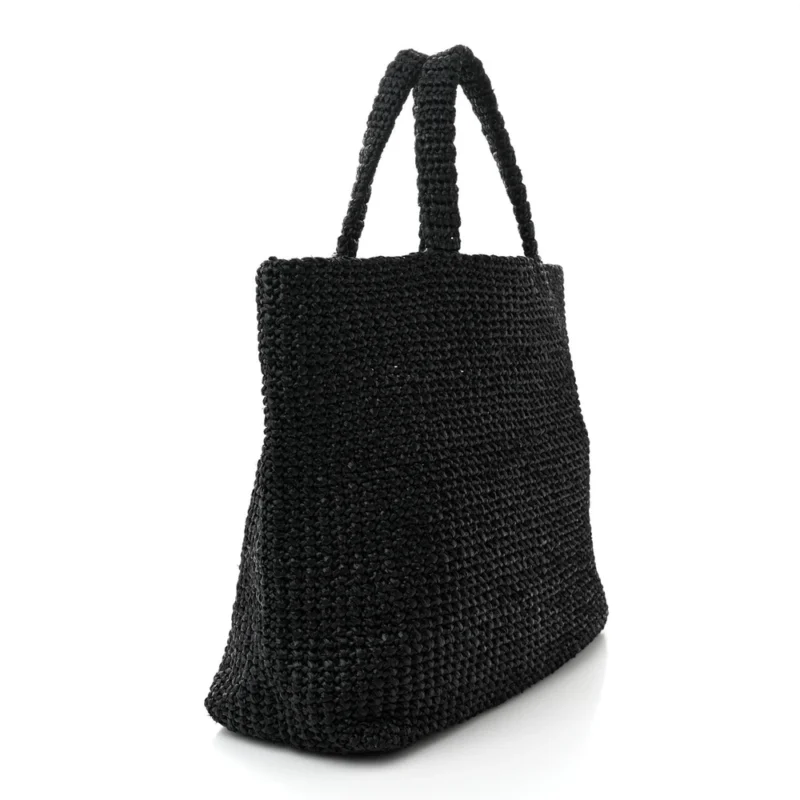 PRADA LARGE EFFECT CROCHET LOGO TOTE BAG BLACK YARN RAFFIA - Image 3