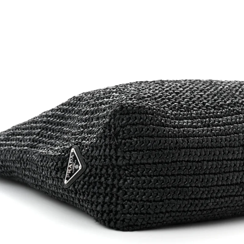 PRADA LARGE EFFECT CROCHET LOGO TOTE BAG BLACK YARN RAFFIA - Image 4