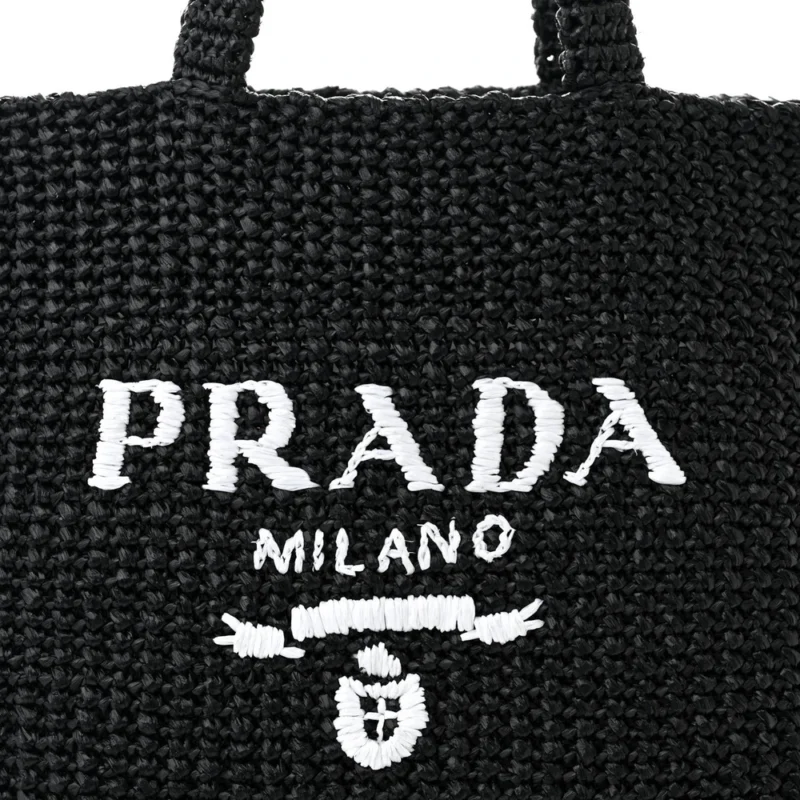 PRADA LARGE EFFECT CROCHET LOGO TOTE BAG BLACK YARN RAFFIA - Image 8