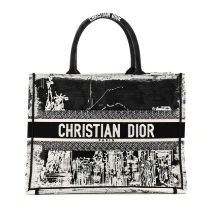 DIOR MEDIUM NEW YORK BOOK TOTE BLACK/WHITE EMBROIDERED CANVAS