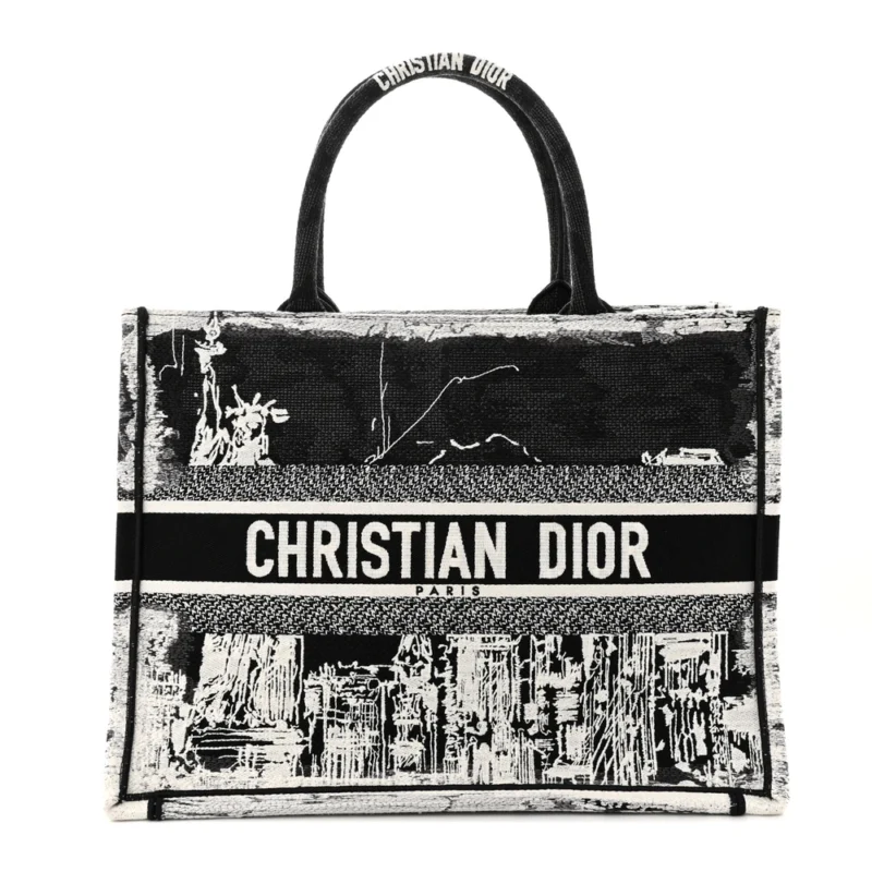 DIOR MEDIUM NEW YORK BOOK TOTE BLACK/WHITE EMBROIDERED CANVAS