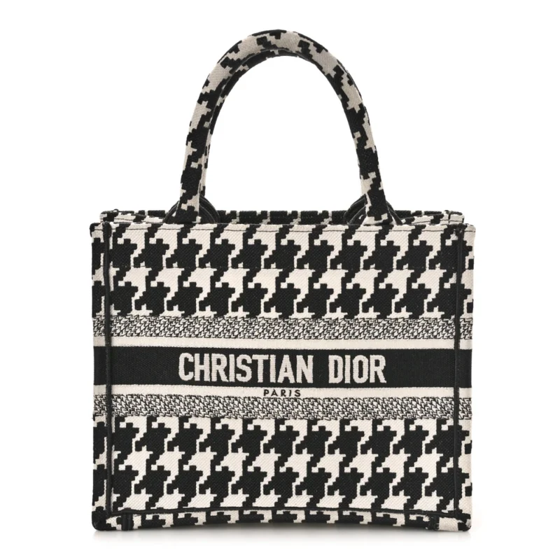DIOR SMALL BOOK TOTE BLACK/WHITE HOUNDSTOOTH EMBROIDERED CANVAS