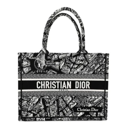 DIOR MEDIUM PLAN DE PARIS BOOK TOTE BLACK/WHITE EMBROIDERED CANVAS