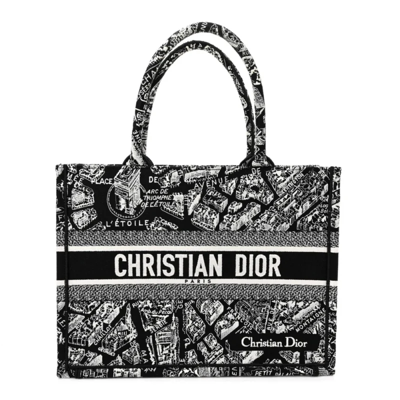 DIOR MEDIUM PLAN DE PARIS BOOK TOTE BLACK/WHITE EMBROIDERED CANVAS