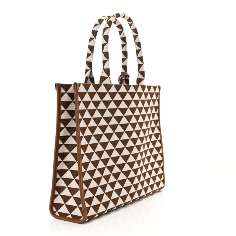 PRADA LARGE TRIANGOLO SYMBOLE EMBROIDERED TOTE TOBACCO/TALCO JACQUARD SAFFIANO LEATHER - Image 3