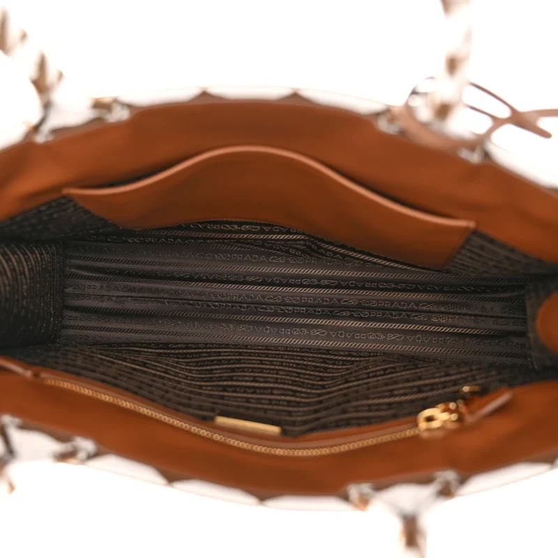PRADA LARGE TRIANGOLO SYMBOLE EMBROIDERED TOTE TOBACCO/TALCO JACQUARD SAFFIANO LEATHER - Image 7
