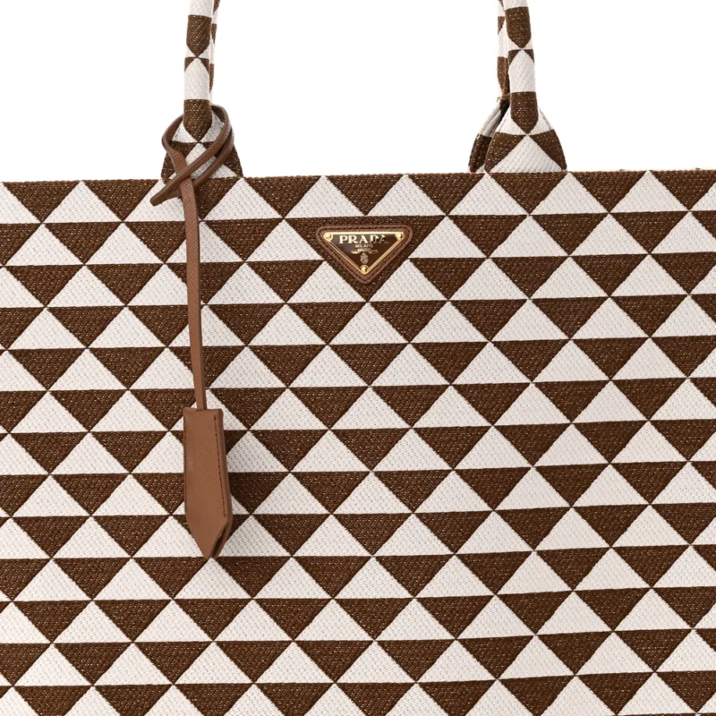 PRADA LARGE TRIANGOLO SYMBOLE EMBROIDERED TOTE TOBACCO/TALCO JACQUARD SAFFIANO LEATHER - Image 8