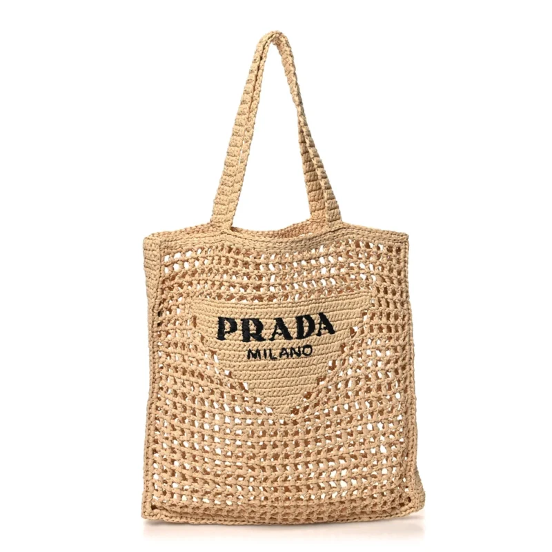 PRADA MEDIUM EFFECT CROCHET LOGO EMBROIDERED TOTE NATURALE YARN RAFFIA