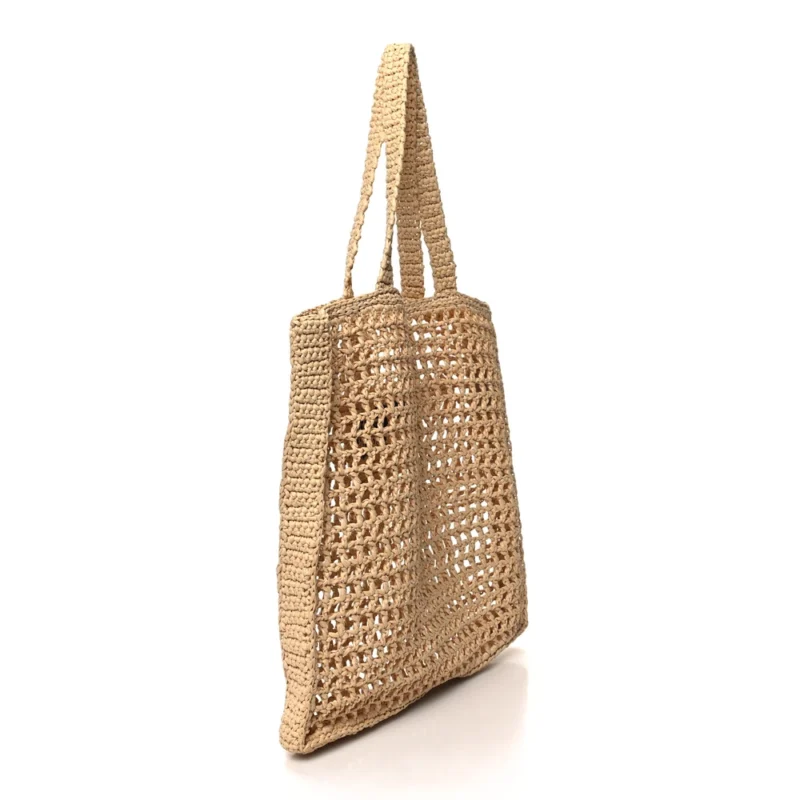 PRADA MEDIUM EFFECT CROCHET LOGO EMBROIDERED TOTE NATURALE YARN RAFFIA - Image 3