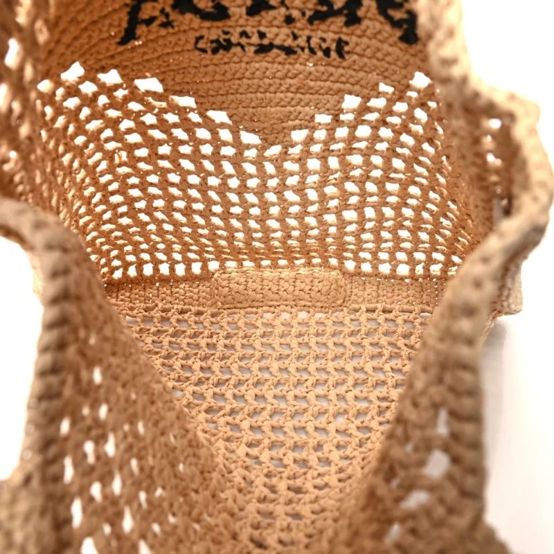PRADA MEDIUM EFFECT CROCHET LOGO EMBROIDERED TOTE NATURALE YARN RAFFIA - Image 7
