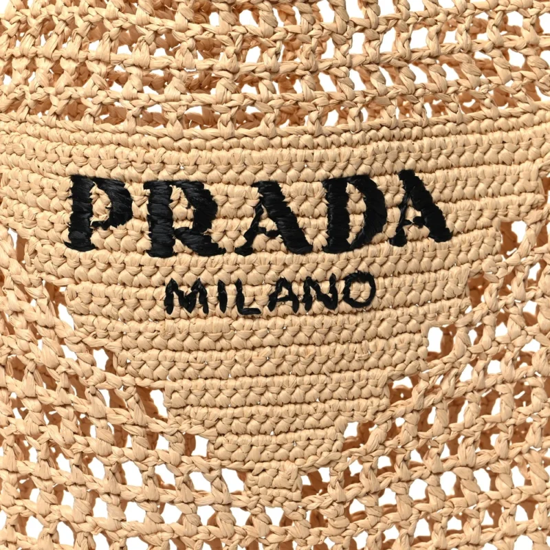 PRADA MEDIUM EFFECT CROCHET LOGO EMBROIDERED TOTE NATURALE YARN RAFFIA - Image 8