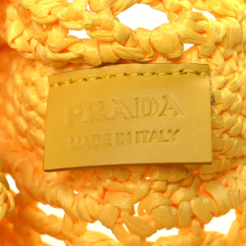 PRADA LARGE EFFECT CROCHET LOGO EMBROIDERED TOTE BAG GIALLO YARN RAFFIA - Image 2