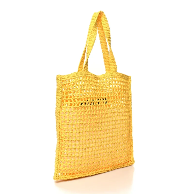 PRADA LARGE EFFECT CROCHET LOGO EMBROIDERED TOTE BAG GIALLO YARN RAFFIA - Image 3