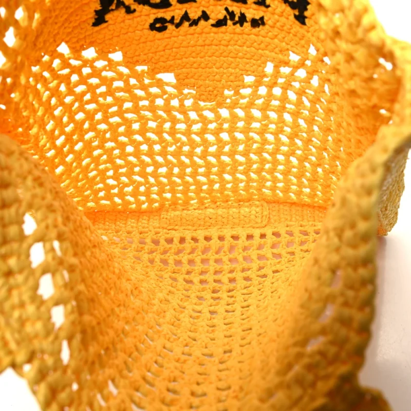 PRADA LARGE EFFECT CROCHET LOGO EMBROIDERED TOTE BAG GIALLO YARN RAFFIA - Image 7