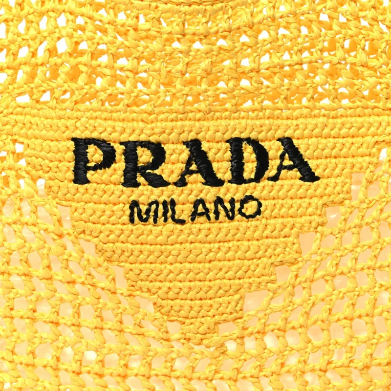 PRADA LARGE EFFECT CROCHET LOGO EMBROIDERED TOTE BAG GIALLO YARN RAFFIA - Image 8