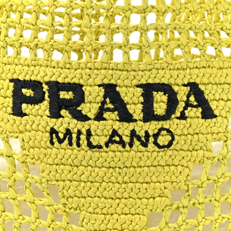 PRADA LARGE EFFECT CROCHET LOGO EMBROIDERED TOTE BAG CEDRO YARN RAFFIA - Image 8