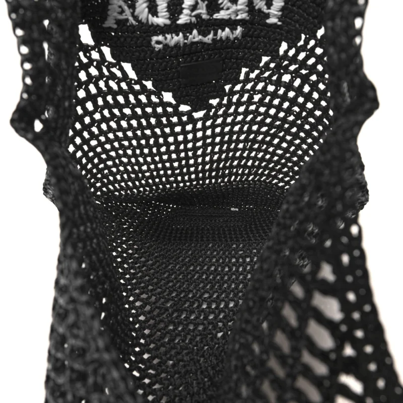 PRADA LARGE EFFECT LOGO EMBROIDERED SHOPPING CROCHET TOTE BAG BLACK YARN RAFFIA - Image 7